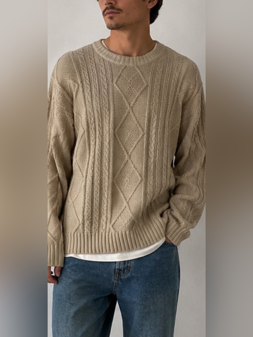 Cotton On Beige Cable Knit Crew Neck Sweater men's L NWT